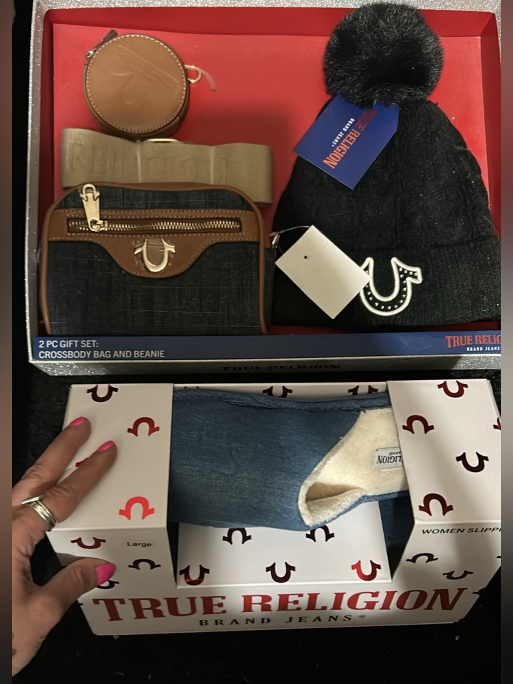 NWTrue Religion Denim Crossbody & Black Logo Beanie w/match warm loafer slides